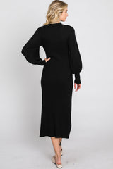 Black Ribbed Mock Neck Bubble Sleeve Midi Dress