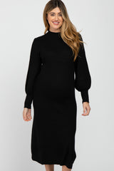 Black Ribbed Mock Neck Bubble Sleeve Maternity Midi Dress