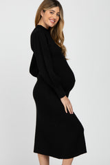 Black Ribbed Mock Neck Bubble Sleeve Maternity Midi Dress