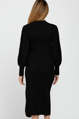 Black Ribbed Mock Neck Bubble Sleeve Maternity Midi Dress