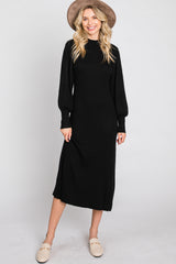 Black Ribbed Mock Neck Bubble Sleeve Maternity Midi Dress