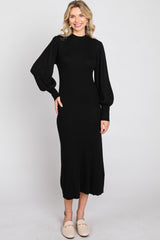 Black Ribbed Mock Neck Bubble Sleeve Midi Dress