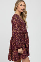 Burgundy Floral Long Sleeve Babydoll Maternity Dress