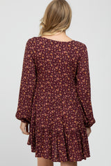 Burgundy Floral Long Sleeve Babydoll Maternity Dress