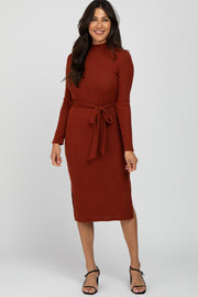 Rust Mock Neck Ribbed Midi Dress