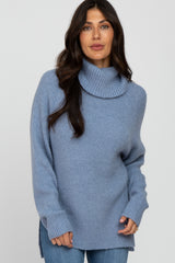 Blue Knit Turtleneck Maternity Sweater