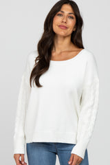 White Knit Braided Sleeve Maternity Sweater