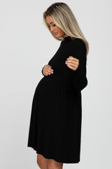 Black Ribbed Mock Neck Long Sleeve Maternity Dress