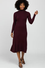 Burgundy Mock Neck Flared Maternity Midi Dress