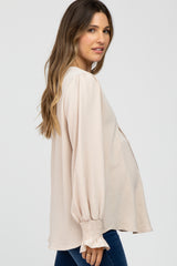 Beige Long Ruffle Sleeve Maternity Blouse