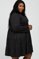 Black Soft Knit Two Tone Tiered Plus Dress