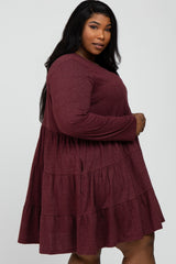 Burgundy Soft Knit Two Tone Tiered Plus Dress