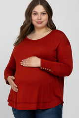 Rust Button Accent Long Sleeve Maternity Plus Top