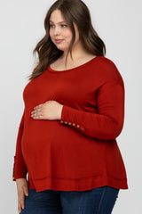 Rust Button Accent Long Sleeve Maternity Plus Top