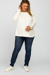 Ivory Button Accent Long Sleeve Maternity Plus Top