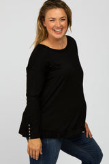 Black Button Accent Long Sleeve Maternity Plus Top