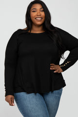 Black Button Accent Long Sleeve Maternity Plus Top