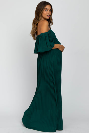 Forest Green Chiffon Pleated Off Shoulder Maternity Maxi Dress