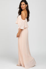 Peach Chiffon Pleated Off Shoulder Maxi Dress