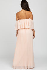 Peach Chiffon Pleated Off Shoulder Maxi Dress