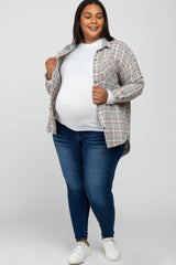 Grey Plaid Button Up Collared Flannel Maternity Plus Top