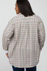 Grey Plaid Button Up Collared Flannel Maternity Plus Top