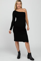 Black One Shoulder Side Slit Maternity Midi Dress