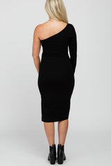 Black One Shoulder Side Slit Maternity Midi Dress