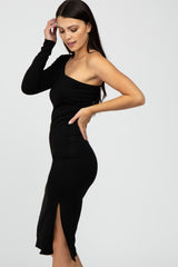 Black One Shoulder Side Slit Midi Dress