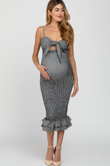 Black Gingham Print Smocked Fitted Self-Tie Maternity Midi Dress