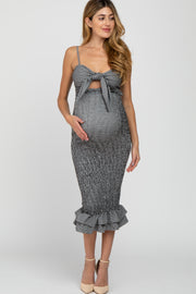 Black Gingham Print Smocked Fitted Self-Tie Maternity Midi Dress