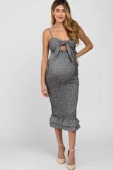 Black Gingham Print Smocked Fitted Self-Tie Maternity Midi Dress