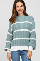 Mint Green High Neck Striped Knit Sweater