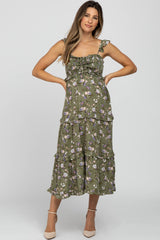 Olive Floral Ruffle Tiered Maternity Midi Dress