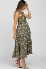 Olive Floral Ruffle Tiered Maternity Midi Dress