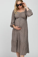 Grey Printed Sweetheart Neck Maternity Dress