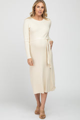 Cream Ribbed Knit Waist Tie Side Slit Maternity Dress