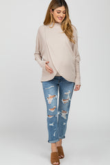 Beige Waffle Knit Mock Neck Layered Front Maternity Top