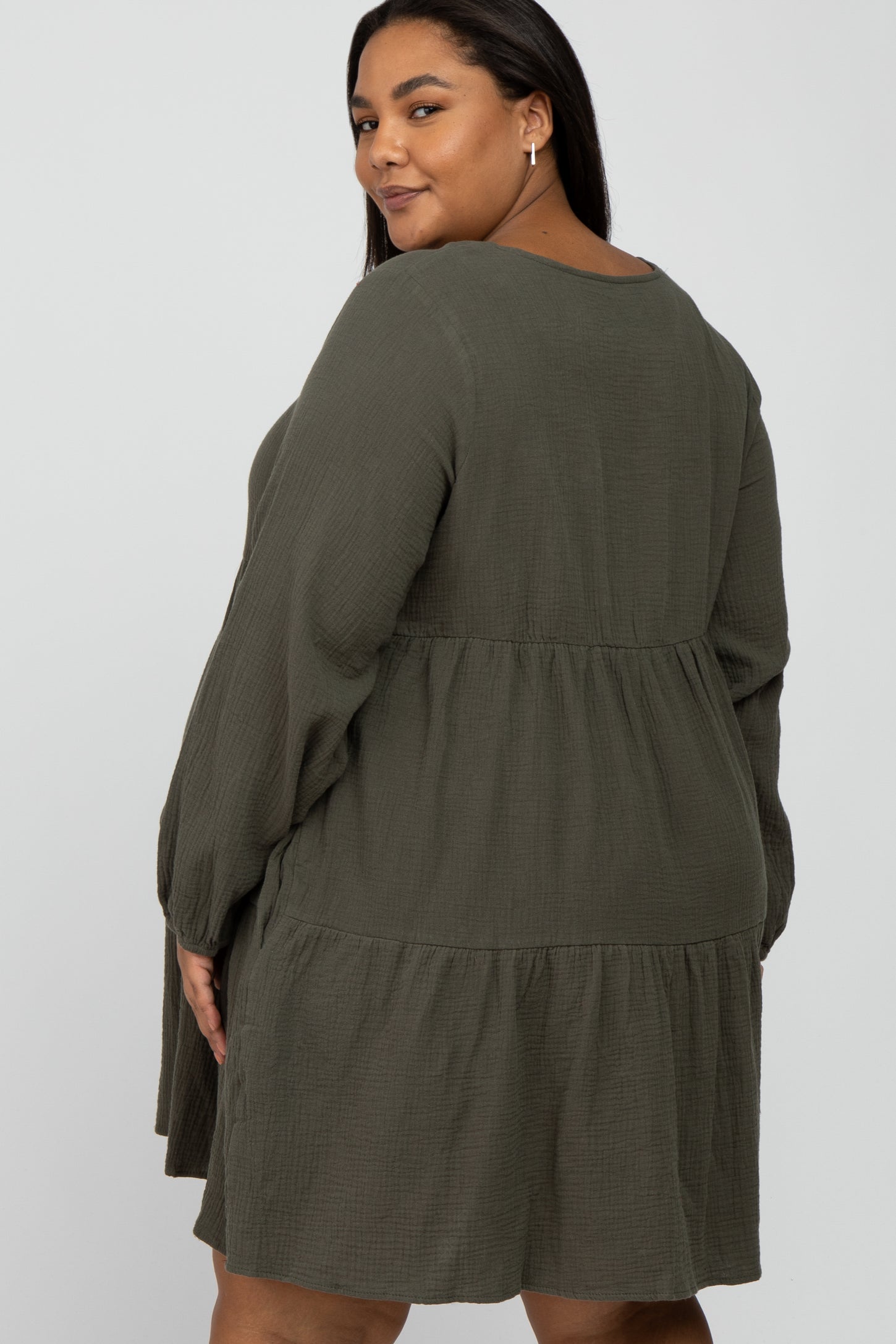 Olive Gauze Button Front Tiered Maternity Plus Dress