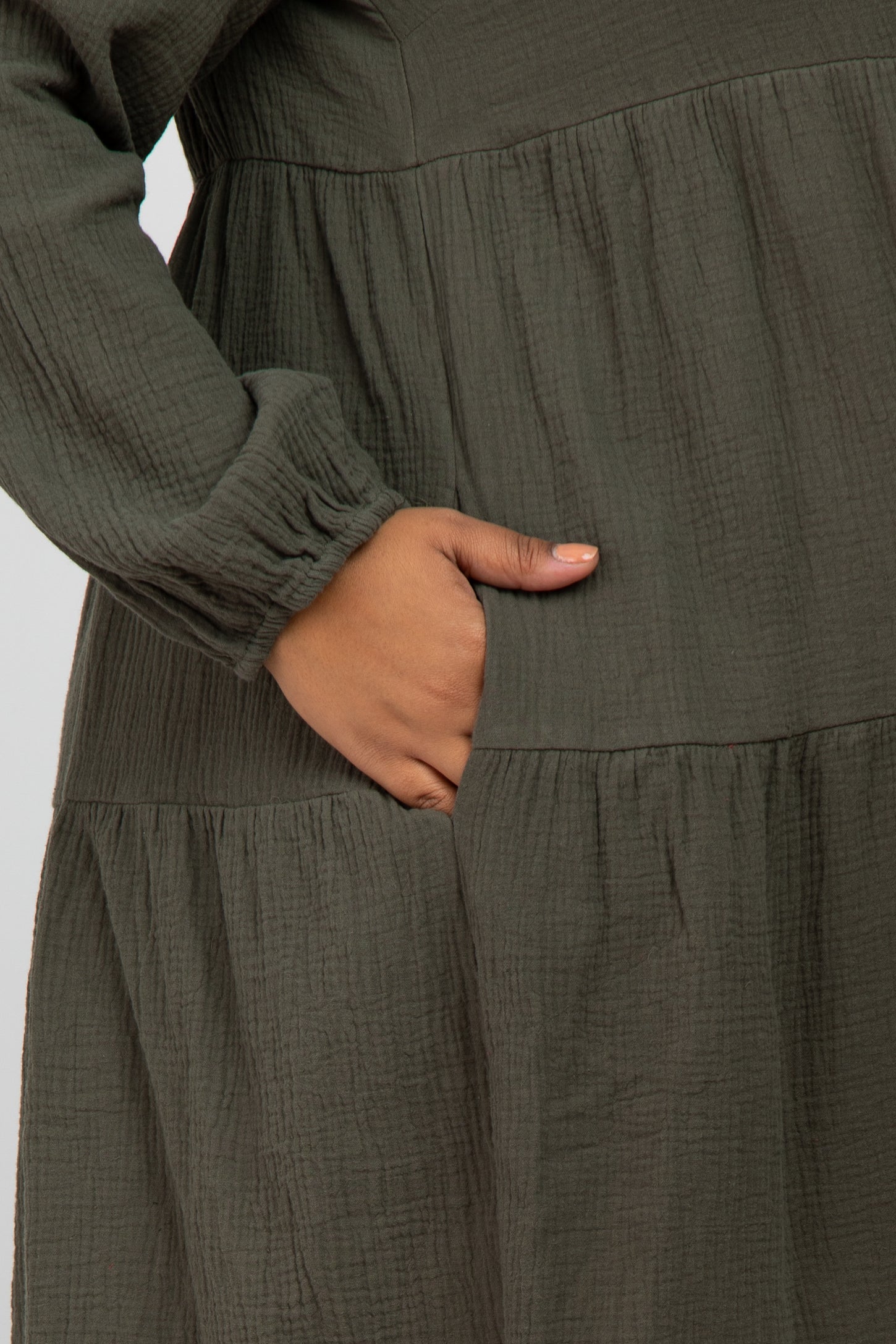 Olive Gauze Button Front Tiered Maternity Plus Dress