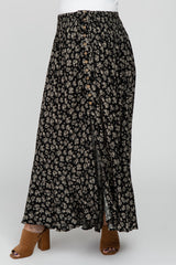 Black Floral Smocked Drawstring Waist Slit Maternity Maxi Skirt