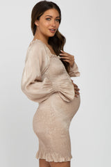 Beige Metallic Smocked Ruffle Accent Maternity Fitted Dress