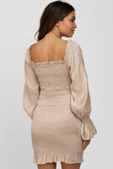 Beige Metallic Smocked Ruffle Accent Maternity Fitted Dress