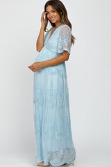 Light Blue Lace Mesh Overlay Maternity Maxi Dress