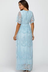 Light Blue Lace Mesh Overlay Maternity Maxi Dress