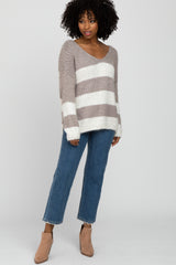 Mocha Striped V-Neck Eyelash Sweater