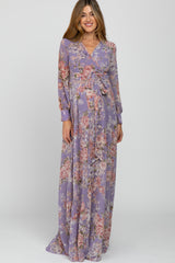 Purple Floral Chiffon Maternity Maxi Dress