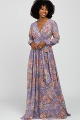 Purple Floral Chiffon Maternity Maxi Dress