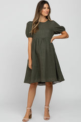 Olive Square Dot Puff Sleeve Babydoll Maternity Dress