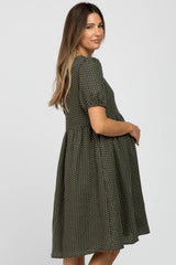 Olive Square Dot Puff Sleeve Babydoll Maternity Dress